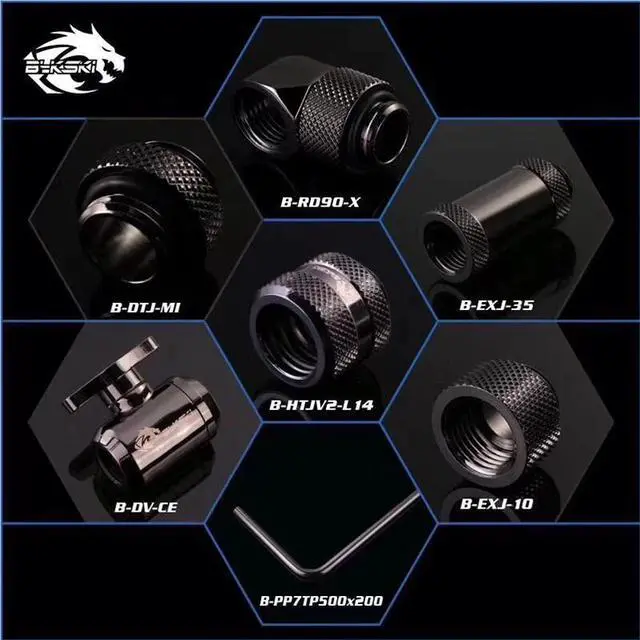 Alt view image 4 of 5 - Water Cooling Fitting Rigid Tubing Fitting Compression Kit Valve+Angled 90+Extenders+Metal Hard Pipe 7 IN 1