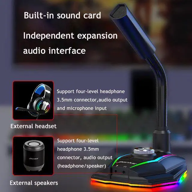 Alt view image 5 of 5 - USB Microphone RGB Base HD Sound Card With Speaker Headset Jack  Drive Noise Reduction Rotate Receiver