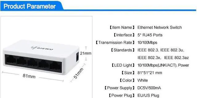 Alt view image 4 of 5 - 5 Port 100Mbps Ethernet switch lan adapter Ethernet Network Switch controller,lan Hub ,Full or Half duplex switch ethernet