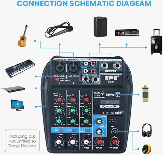 Alt view image 5 of 5 - 4 Channels Audio Mixer DJ Sound Mixing Console External Sound Card for Computer Audio Interface 48V Phantom Power