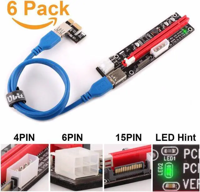 Alt view image 2 of 5 - 6PCS VER103C 3in1 Power PCI-E Riser Card LED 4pin 6pin Sata 15pin Express 1x to 16x 60CM Extension Cable for Bitcoin Miner