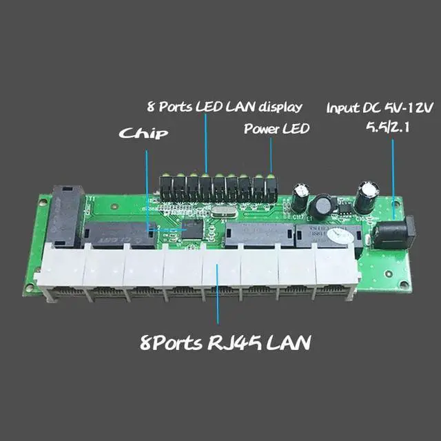 Alt view image 5 of 5 - Mini 8 Port Fast Network Ethernet Switch Module RJ45 90 degree or 180 degree 2 Type LED Board PCBA