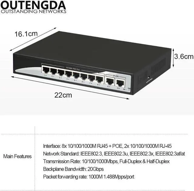 Alt view image 4 of 5 - 10ports Full Gigabit high power 802.af/at network Ethernet fast switch POE power switch for 5 megapixel camera POE switch