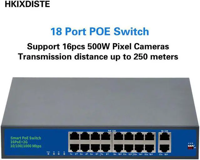 Main image of 16 Port POE Ethernet Network Switch+2 Port Gigabit Uplink Fast Switch with Metal Shell For CCTV IP Monitoring Camera Power  250M