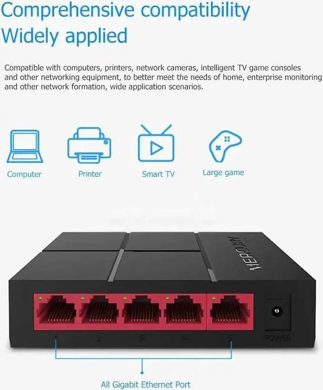 Alt view image 4 of 5 - 5 Port Gigabit Switch 10/100/1000Mbps RJ45 LAN Ethernet Fast Desktop Network Switching Hub Shunt With EU/US Power Adapter