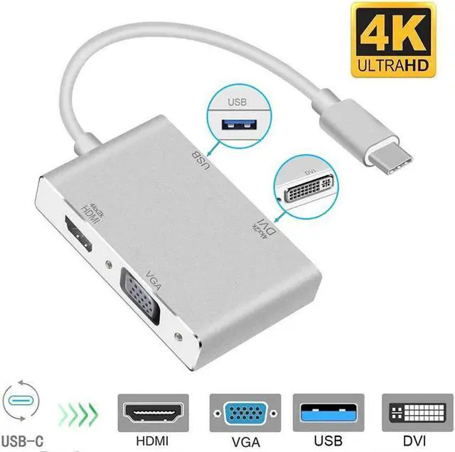 Main image of 4 in 1 USB 3.1 USB C Type C to VGA DVI USB 3.0 Adapter Cable for Laptop Apple Macbook Google Chromebook Pixel