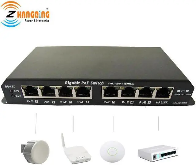 Alt view image 4 of 5 - 7+1 Port Gigabit Passive POE Switch 1000Mbps For Networking IP camera WiFi Access Point IP Phone 24V or 48V MikroTik