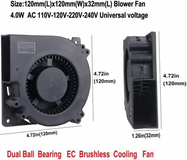 Alt view image 5 of 5 - 120mm Fan 12V DC Female Connector Ball 12032 120x32mm Centrifugal Cooling Fan w/AC 110V 220V Adapter Radial Turbo Cooler