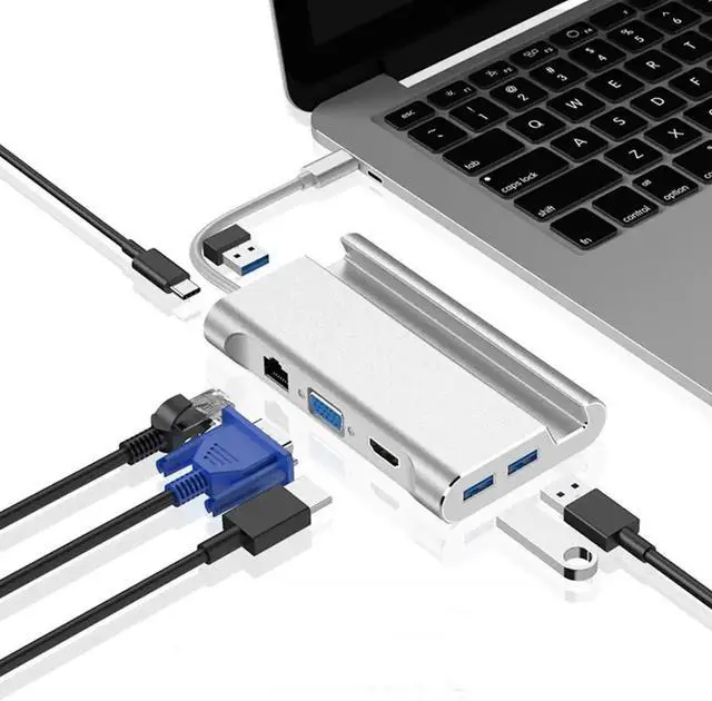 Main image of 7 in 1 USB-C USB 3.1 Type C to 4K HDMI VGA Rj45 Gigabit Ethernet 3 USB 3.0 Port PD Charging Adapter Dock Holder Hub