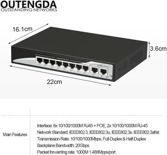 Alt view image 5 of 5 - 10 Port POE Switch 10/100/1000Mbps Poe Standard 802.3af/at Network Switch for IP Cameras and Wireless AP