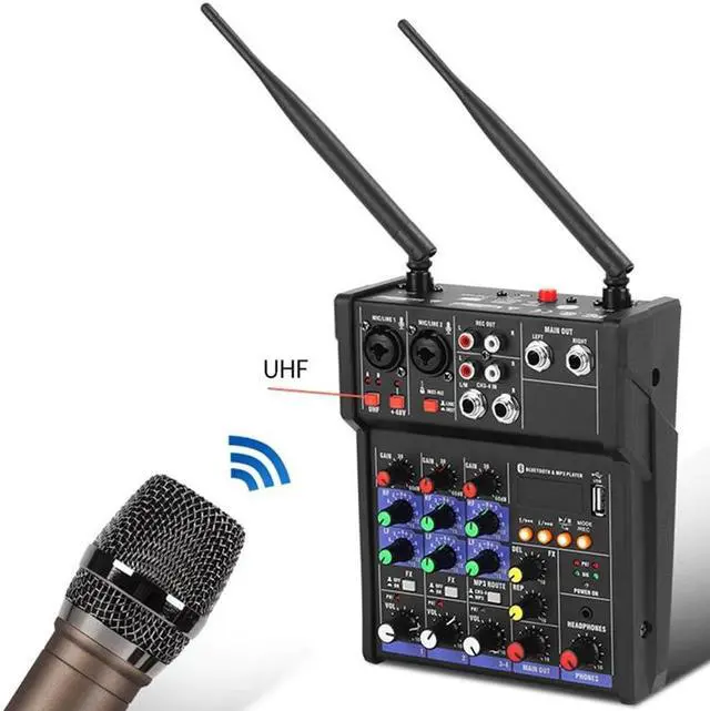 Alt view image 2 of 5 - 4 Channel o Mixer Console with Wireless Microphone Sound Mixing with Bluetooth USB Mini Dj Mixer