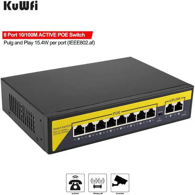 Main image of 10 Port Switch,8POE and 2 Uplink , 802.3af/at, 120W Built-in Power, Vlan Up to 250m, Metal Plug & Play Network Switch