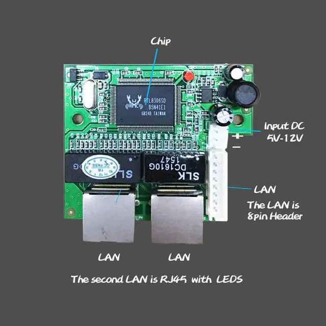 Alt view image 4 of 5 - mini 2 port fast 10/100mbps ethernet network lan hub switch board two layer pcb 2 rj45 1*8pin head port switch module