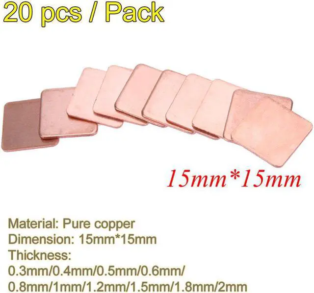 Main image of 20 pcs/pack 15mmx15mm 0.3mm 0.4mm 0.5mm 0.6mm 0.8mm 1mm Thick Heatsink Copper Shim Thermal Pads for Laptop IC Chipset GPU CPU