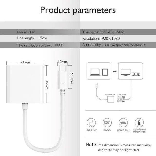 Alt view image 5 of 5 - Type C To VGA Adapter USB 3.1 USB C To Female VGA Cable Adapter for Macbook 12in Chromebook Pixel Lumia 950XL Galaxy S8/9
