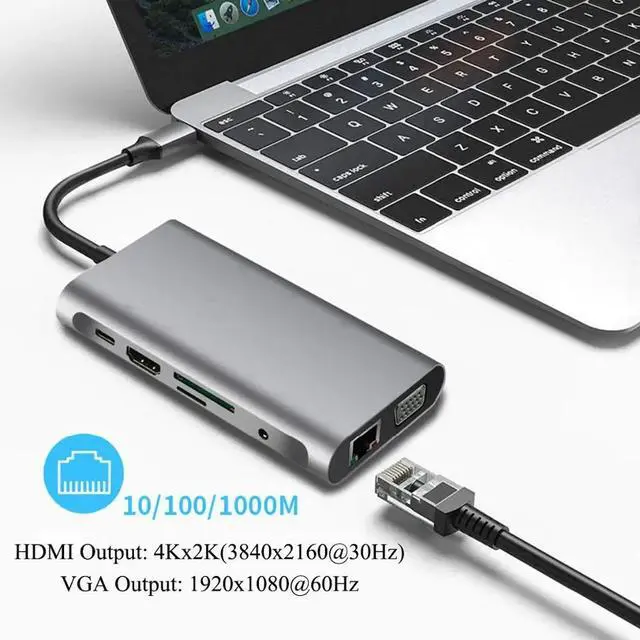 Alt view image 2 of 5 - HUB C 10 in 1 Thunderbolt 3 Type C Adapter Dock 3  3.0 Port 4K HDMI 1080P VGA RJ45 Gigabit Ethernet For Macbook Pro