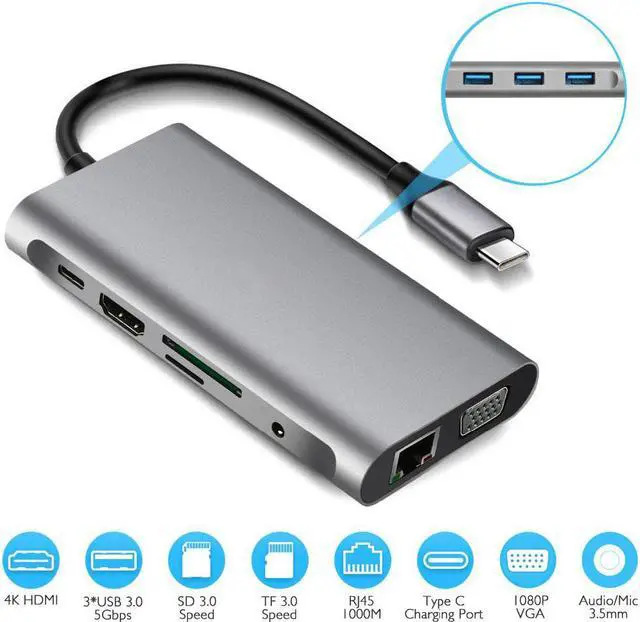 Alt view image 2 of 5 - Vga Adapter Hub  Vga 10 in 1 Type C Adapter USB 3.0 Port 4K   VGA RJ45 Gigabit Ethernet For Macbook Pro
