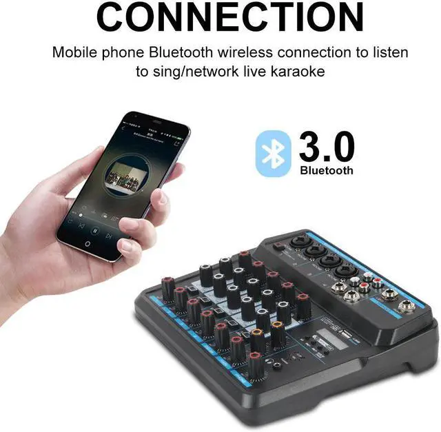 Alt view image 2 of 5 - AM6 6 Channel Mini Audio Mixer DJ Console with Sound Card,Bluetooth,USB, 48V Phantom Power for PC Recording Singing Party