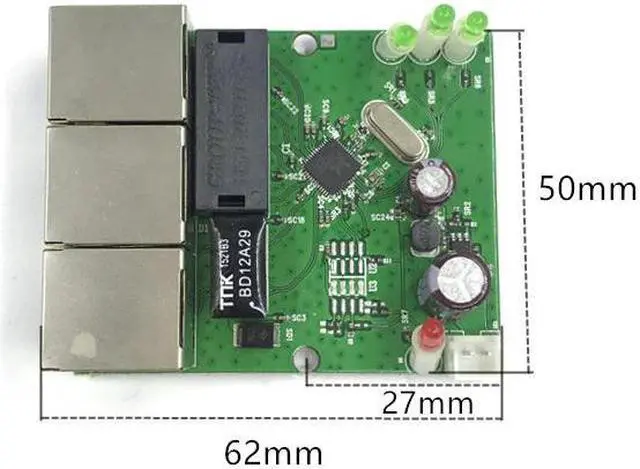 Alt view image 5 of 5 - factory direct mini fast 10 / 100mbps 3-port Ethernet network lan hub switch board two-layer pcb 5V 12V head port