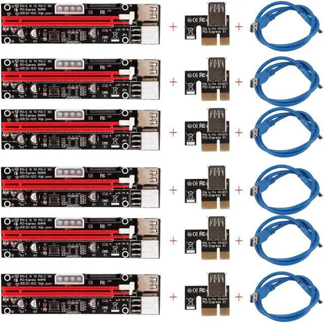 Main image of 6PCS VER103C 3in1 Power PCI-E Riser Card LED 4pin 6pin Sata 15pin Express 1x to 16x 60CM Extension Cable for Bitcoin Miner