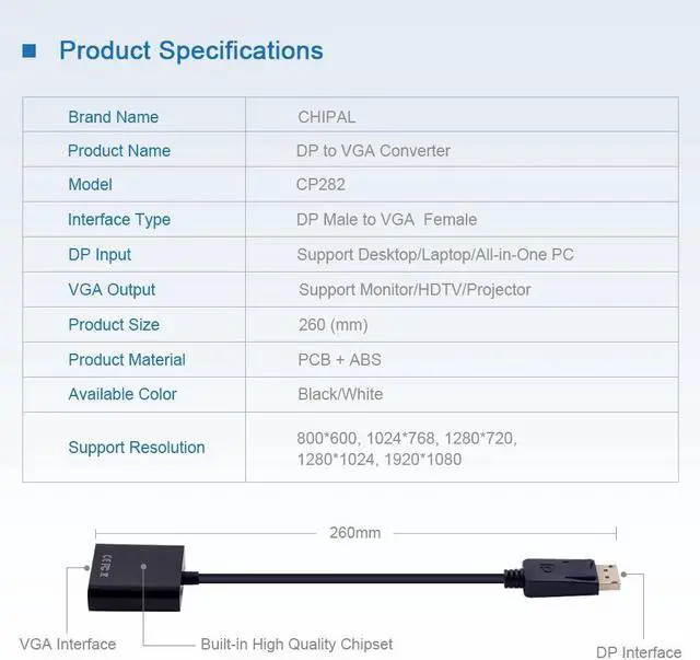 Alt view image 2 of 5 - DP to VGA Video Adapter 1080p Converter Male Display Port to Female VGA Cables Displayport to VGA DLLE DP Adapter