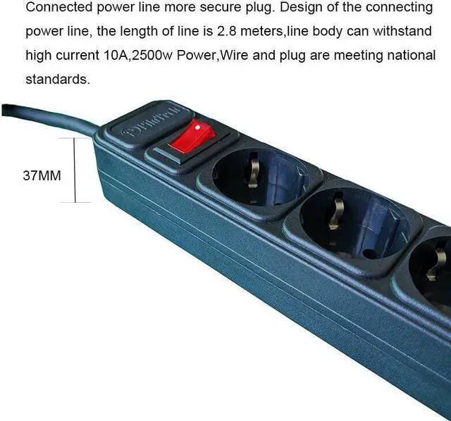 Alt view image 4 of 5 - Filter 2500W 10A Power Strip Switch EU Plug Sockets With 2.8M Extension Cord Surge Protector 4 AC Outlets 2 USB Charging