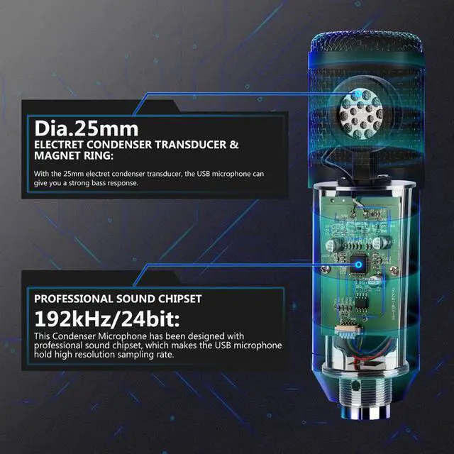 Alt view image 7 of 7 - USB Microphone Kit 25mm Large Capsule 192KHZ/24BIT Plug & Play Cardioid Podcast Condenser with Professional Sound Chipset