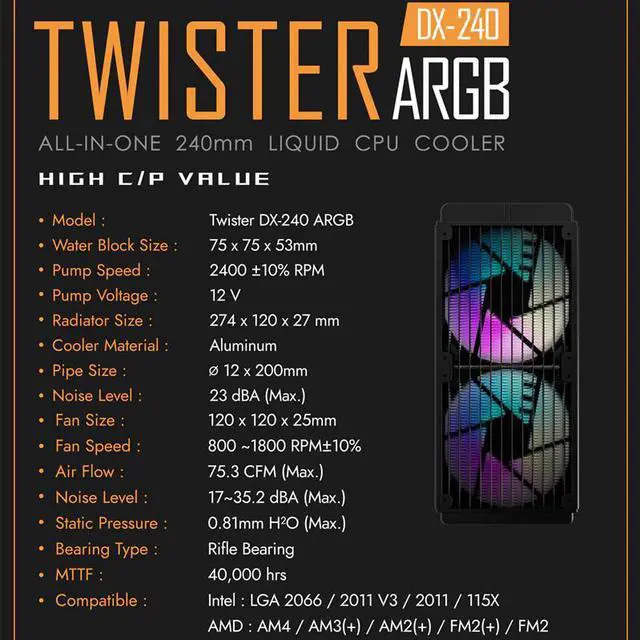 Alt view image 4 of 5 - DX Water Cooling CPU Cooler ARGB computer case fan aura sync liquid Heatsink Radiator LGA 2066/1155/2011/AM3+/AM4 AMD