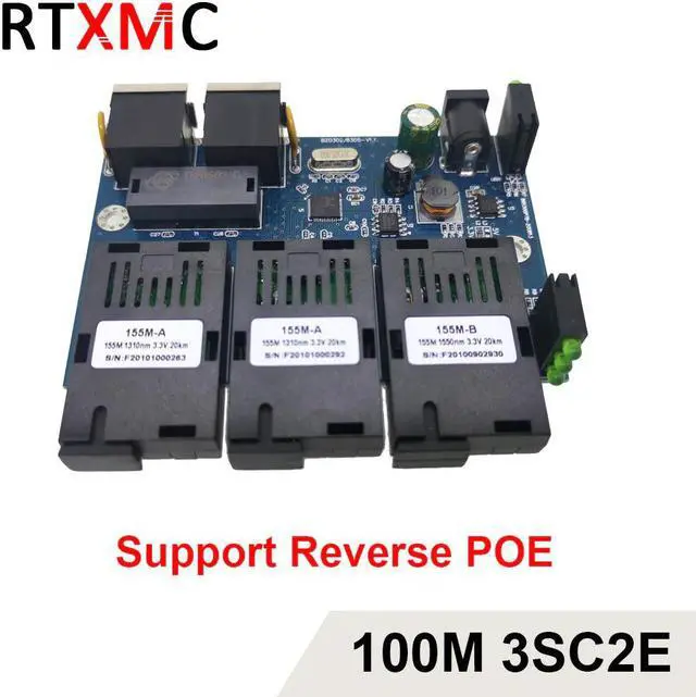 Alt view image 5 of 5 - 3SC2E Reverse POE 100M Fast Erhetnet 10/100M Ethernet Switch 3 Fiber Port SC 25KM2UTP RJ45 FiberOptical Switch PCBA with Adapter