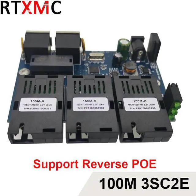 Alt view image 3 of 5 - 3SC2E Reverse POE 100M Fast Erhetnet 10/100M Ethernet Switch 3 Fiber Port SC 25KM2UTP RJ45 FiberOptical Switch PCBA with Adapter