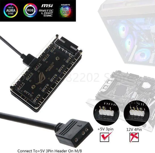 Main image of 3 pin AURA SYNC 5V RGB 10 Hub Splitter SATA Power 3pin ARGB Adapter Extension Cable for A SUS LED New