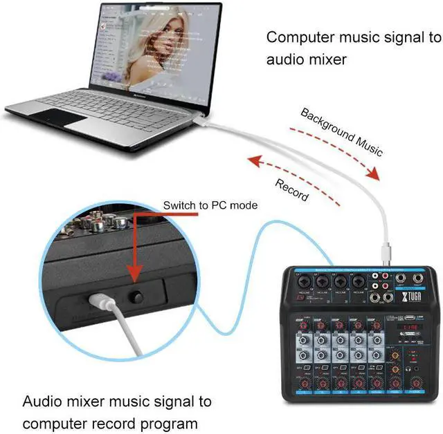 Alt view image 5 of 5 - AM6 6 Channel Mini Audio Mixer DJ Console with Sound Card,Bluetooth,USB, 48V Phantom Power for PC Recording Singing Party