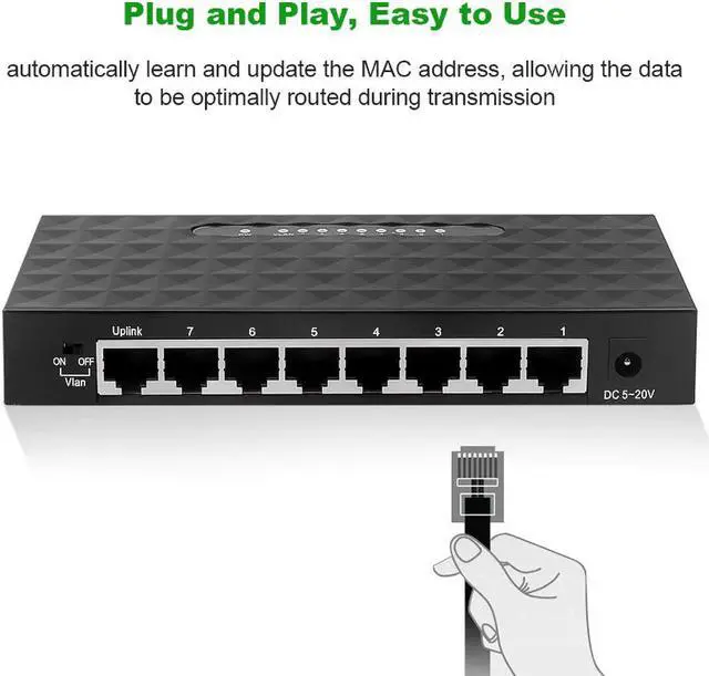 Alt view image 3 of 5 - RJ45 8 Ports High Performance Gigabit Network Switch 10/100/1000M Base Fast Ethernet Smart Switcher with 5V 1A DC Power Adapter