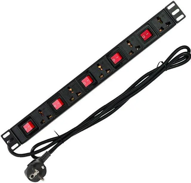 Main image of 19in 1U Aluminium Alloy Network Cabinet Rack Power Strip EU UK US AU plug Universal 5 AC Outlet Independent Switch Distribution