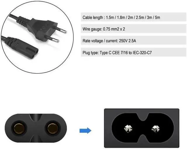 Alt view image 4 of 5 - Power Cord Figure 8 EU Plug IEC320 C7 AC Extension Cord Cable For  Laptop Charger  Printer Radio Speaker XBOX One S