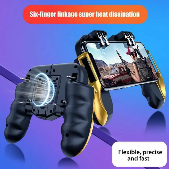 Main image of Trigger Gamepad PUBG 6 Finger Control Cooling Game Controller With Cool Fan Cooler Phone Bracket For IOS Android