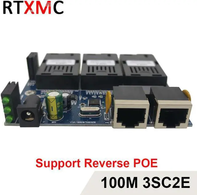 Alt view image 2 of 5 - 3SC2E Reverse POE 100M Fast Erhetnet 10/100M Ethernet Switch 3 Fiber Port SC 25KM2UTP RJ45 FiberOptical Switch PCBA with Adapter