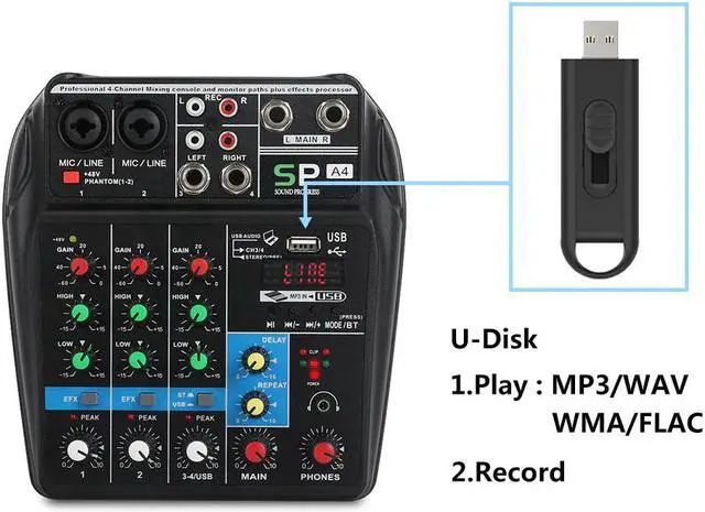 Alt view image 3 of 5 - A4 4Channels Audio Mixer Sound Mixing Console with Bluetooth USB Record 48V Phantom Power Monitor Paths Plus Effects Use