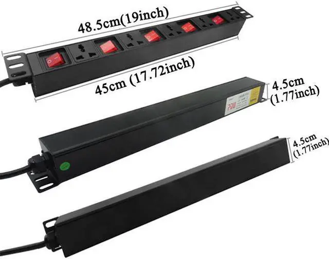 Alt view image 5 of 5 - 19in 1U Aluminium Alloy Network Cabinet Rack Power Strip EU UK US AU plug Universal 5 AC Outlet Independent Switch Distribution