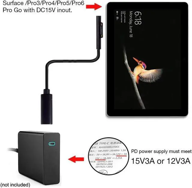 Alt view image 5 of 5 - Supply Adapter For Microsoft Surface Pro 6 5 4 3 Go Book USB Type C FM Charging Cable PD Charger Connector DC Plug 15V 3A