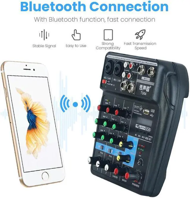 Alt view image 4 of 5 - 4 Channels Audio Mixer DJ Sound Mixing Console External Sound Card for Computer Audio Interface 48V Phantom Power