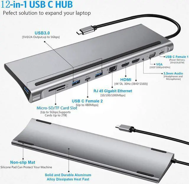 Alt view image 3 of 5 - 12 in 1 Type-c to Dual /VGA/USB 3.0 Hub/PD/RJ/Micro-SD/TF Card Dock Adapter High Resolution Multifunctional Cable Hub