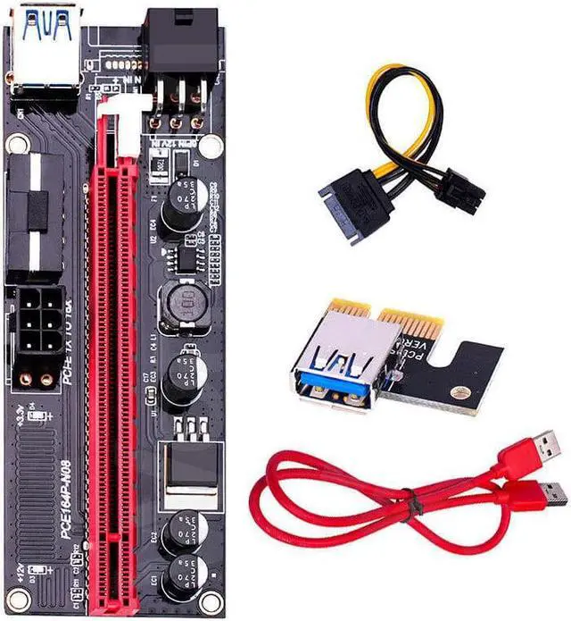 Alt view image 2 of 5 - PCI Express PCIE PCI-E Riser Card 009s Molex 6Pin to SATA 1X 16X USB3.0 Extender Adapter LED Mining