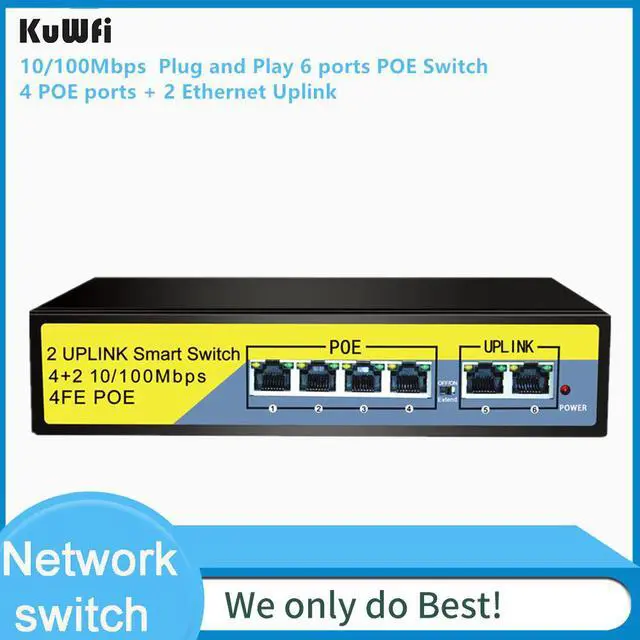 Alt view image 3 of 5 - 6 port /4 Port PoE Switch, 2 Port Uplink Power Over Ethernet 802.3af/at 78W, Unmanaged Metal Smart Network Switch