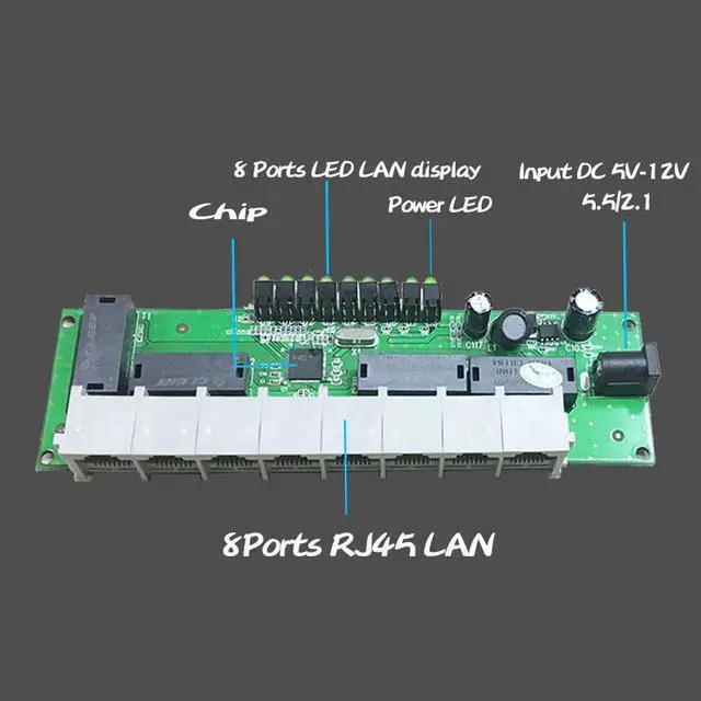 Alt view image 4 of 5 - 8Port Fast Network Ethernet Switch HUB Module RJ45 90 or 180 degree UTP 2 Type LED Board PCBA Mini Size Length 140MM Width 41MM