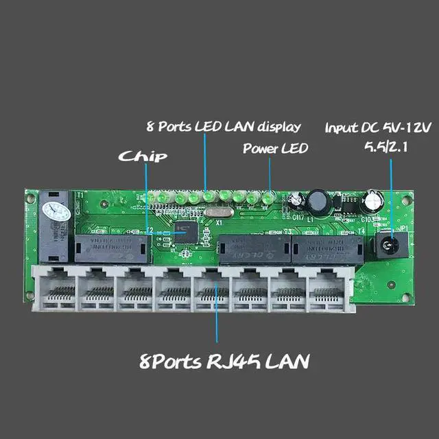 Alt view image 3 of 5 - 8Port Fast Network Ethernet Switch HUB Module RJ45 90 or 180 degree UTP 2 Type LED Board PCBA Mini Size Length 140MM Width 41MM