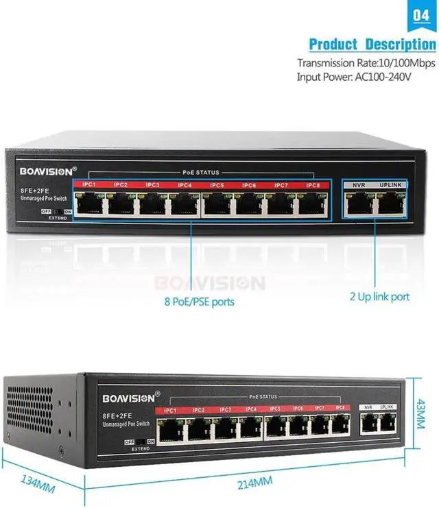 Alt view image 4 of 5 - 8 Port PoE Switch Adapter 8+2 Port Desktop Fast Ethernet Switch IEEE802.3af/at 104W For CCTV Network IP Cameras POE Powered