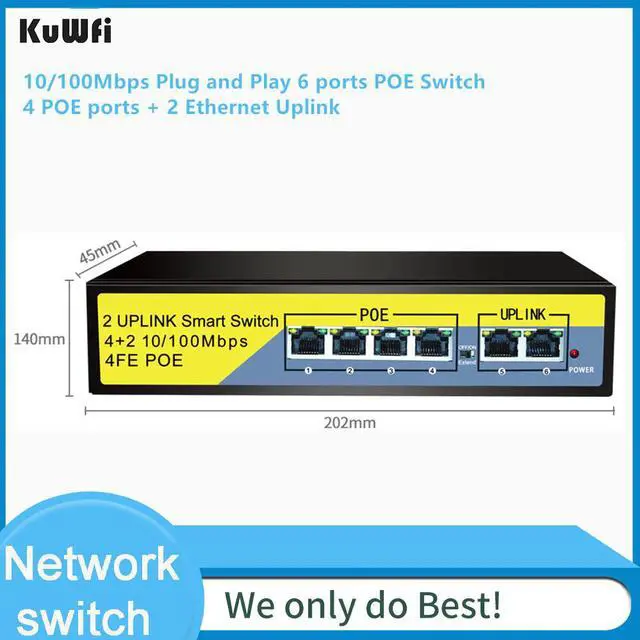 Alt view image 2 of 5 - 6 port /4 Port PoE Switch, 2 Port Uplink Power Over Ethernet 802.3af/at 78W, Unmanaged Metal Smart Network Switch