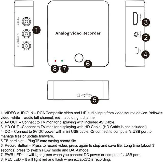 Alt view image 4 of 5 - 272 AV Capture Recorder Analog to Digital Video Converter 3.5mm to 3RCA cable AV Recorder hd Output TF Card Save File