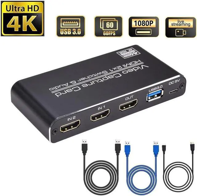 Alt view image 3 of 5 - Video Capture Card USB 3.0 2X1 Loop  4K & MIC+Audio Capture HD 1080P Board Game Record Live Streaming Local Loop Out